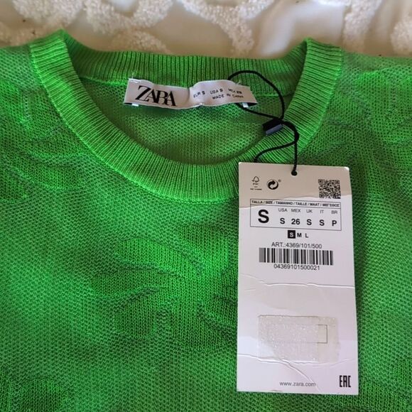 ZARA Mesh Floral Knit Metallic Effect Long Sleeve Neon Green 💚 Top NWT - Picture 6 of 11
